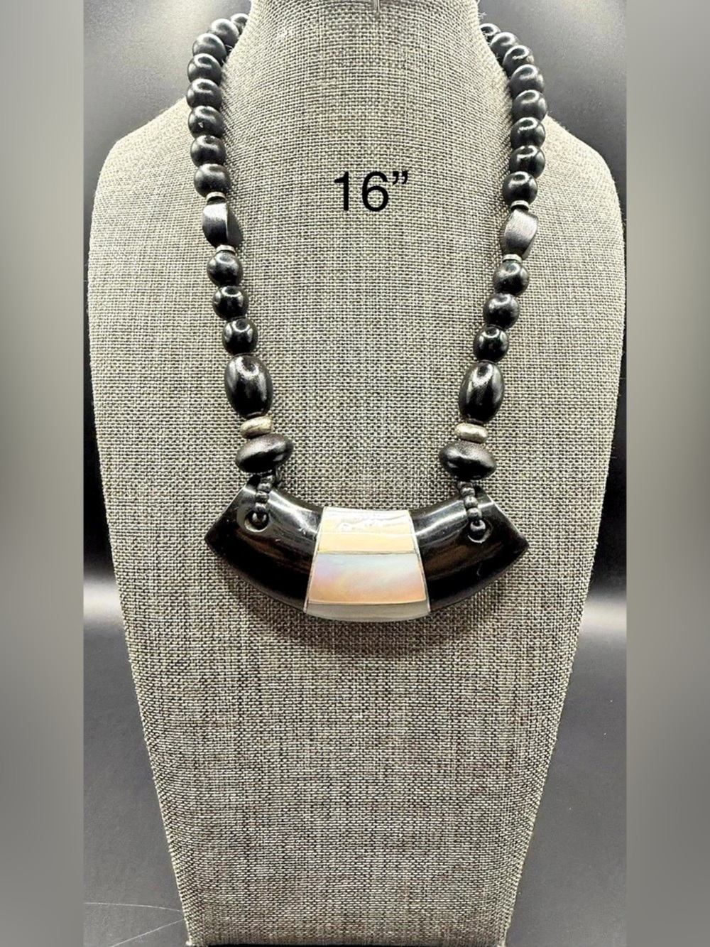 Boho Organic Dark Wood/Horn Curved Bib Necklace with Abalone Mother of Pearl Cen